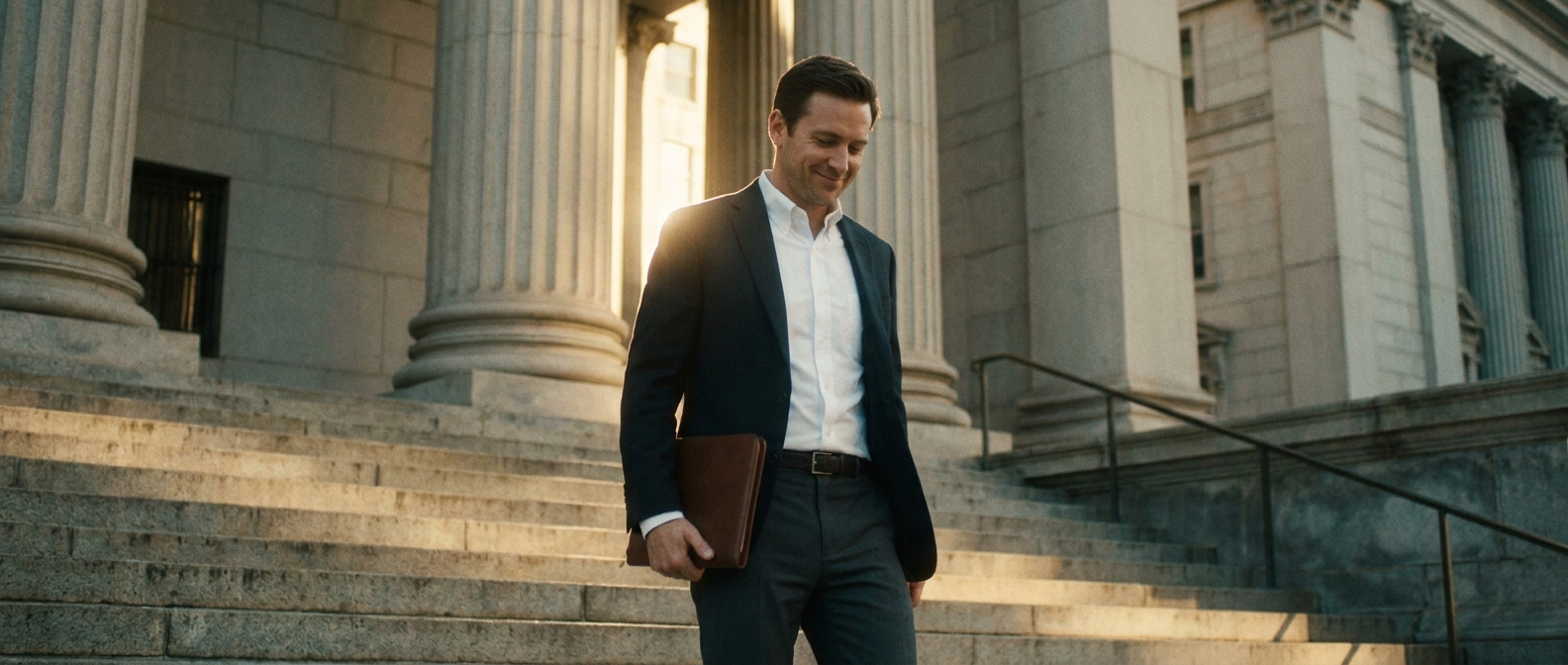 A pro se litigant walking out of the courthouse after a successful hearing